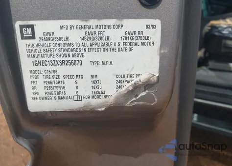 2003 Chevrolet Tahoe Lt z USA, uszkodzony, nr VIN 1GNEC13ZX3R256070